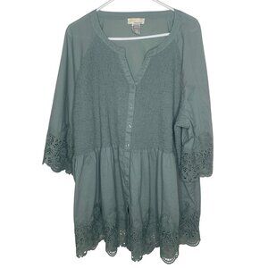 Alessa W. Collection Womens Tunic Top Size 22 Green Crochet Trim 3/4 Sleeves